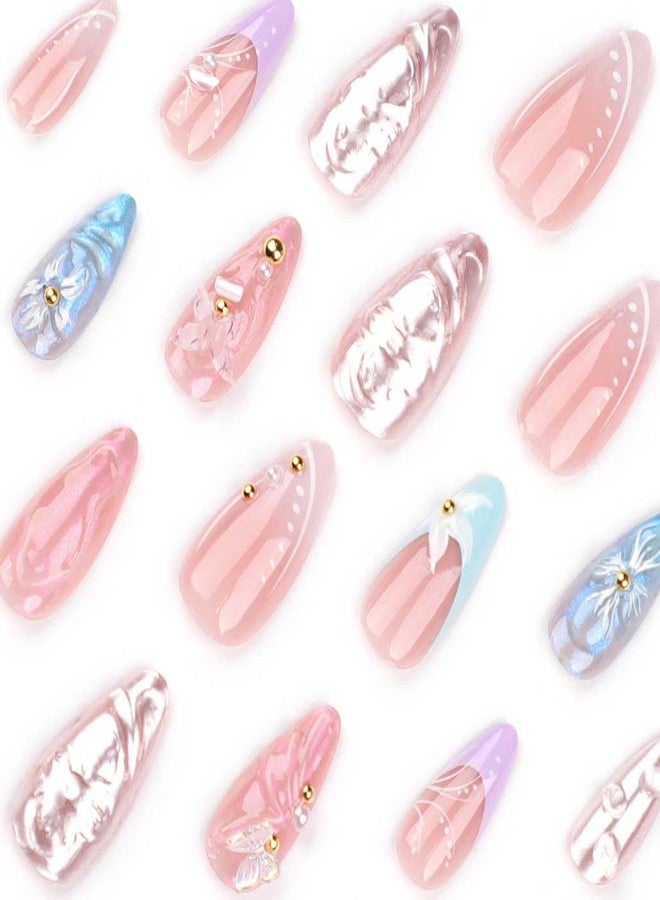 Foccna French Press on Nails Long Pearl Pink Fake Nails Almond Glossy 3D False Nail Tips Artificial Nails Finger Manicure for Women and Girls 24pcs - Image 3